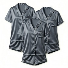 3 Pack Womens Satin PJ Set Short Sleeve Shirt & Shorts | Silky Pyjamas Nightwear