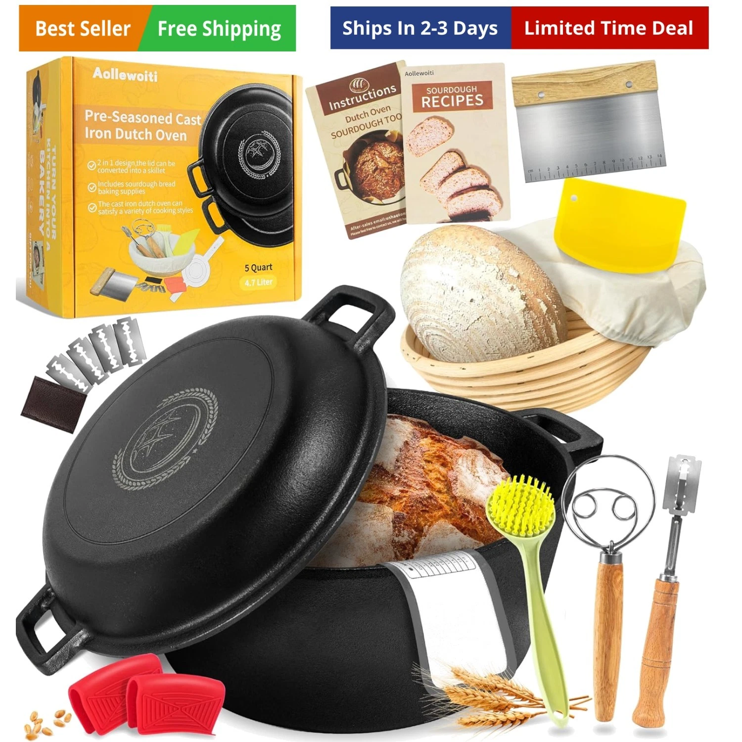 Pre-Seasoned Cast Iron Dutch Oven Pot with Skillet Lid, 5 Qt Bread Dutch Oven...