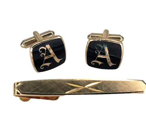 Swank Tie Clip Letter "A" Cufflinks Gold Tone Tie Bar Set - EXC