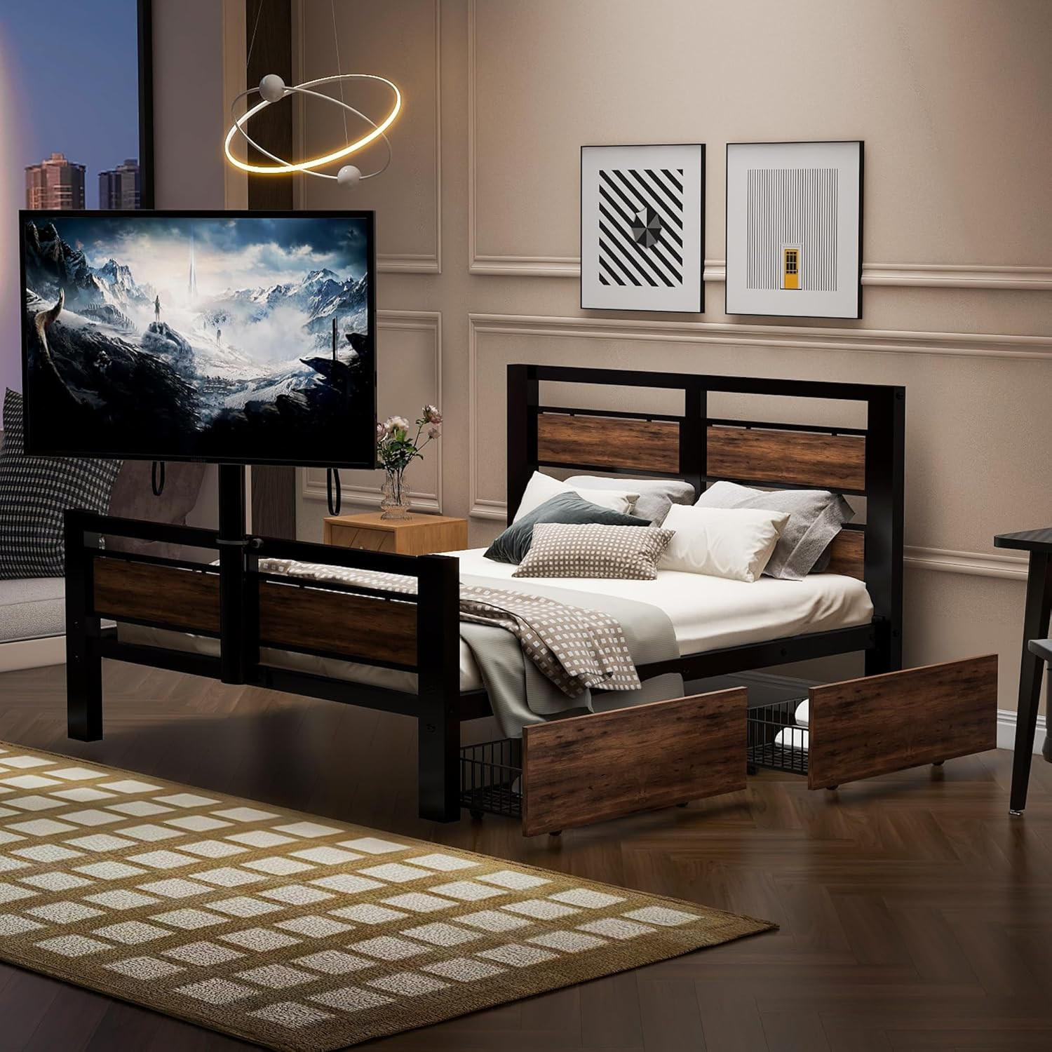 Twin Gaming Bed with TV Lift & Storage Drawers, Black Metal