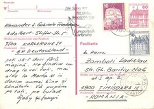 E0057 Germany postal stationery postcard Karlsruhe to Timisoara, Romania 1990