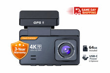 4K Dash Cam Front Rear WiFi GPS 64GB Hardwire Kit Dual Power Night Vision