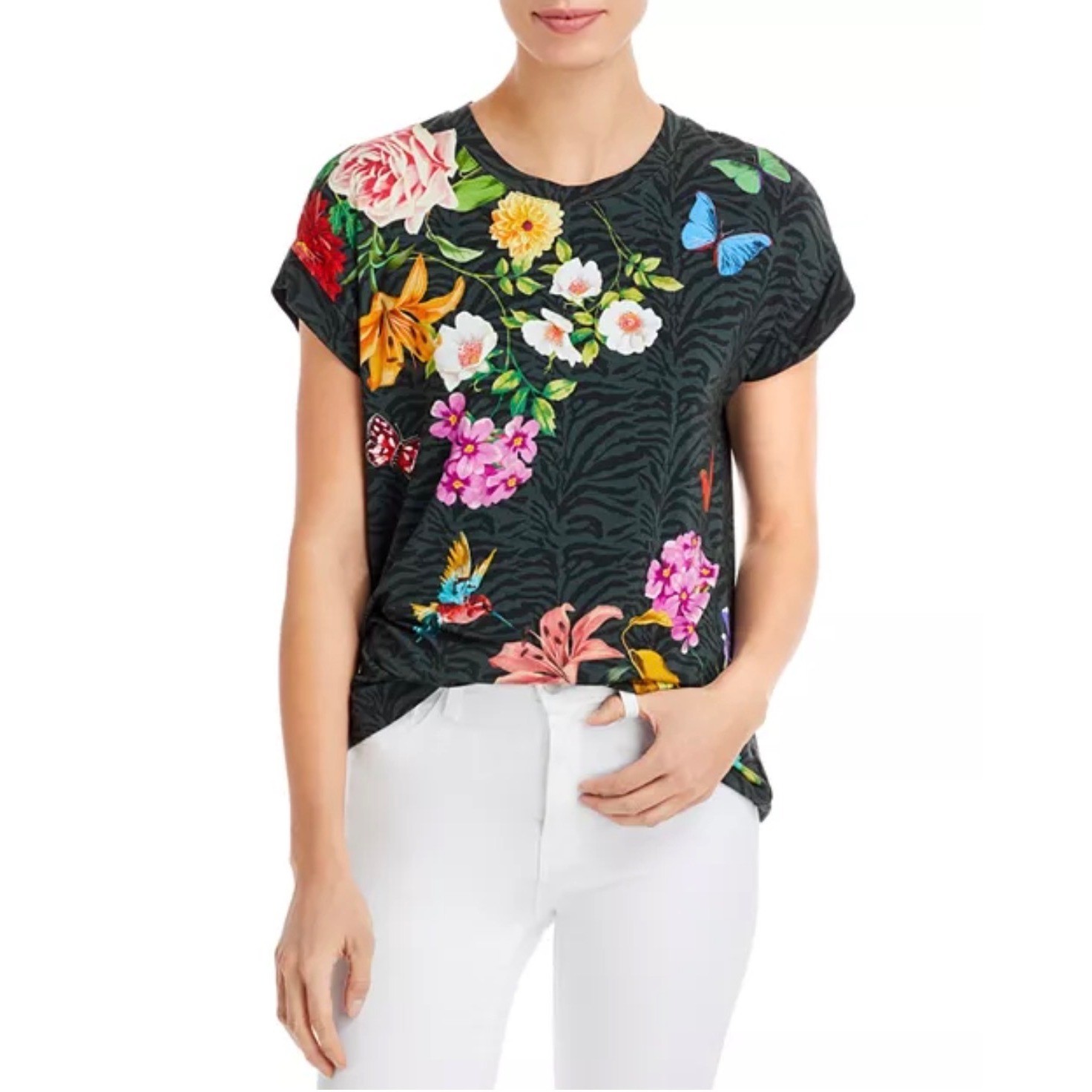 Johnny Was Blooming Breeze Floral Butterfly Tiger Print Black Large Relaxed top