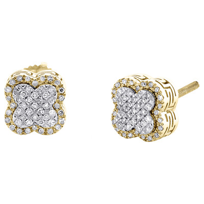 10K Gelbgold Diamant 7mm Gestuft Quadratisch 4 Kleeblatt Ohrstecker 0.17 Karat