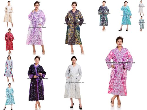 Indian Womens Cotton Kimono Dressing Gown Long Bath Robe Night Dress Sleepwear - Picture 1 of 42