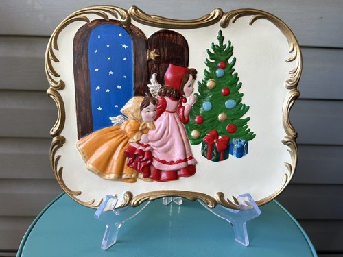 Retro Christmas Tree Angels Scene Handmade Ceramic Plaque Decor 9.5" 1973