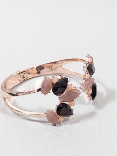 Rose Gold Tone Purple Beige Navette Rhinestone Open Cuff Hinge Bracelet 7 in - Picture 2 of 10
