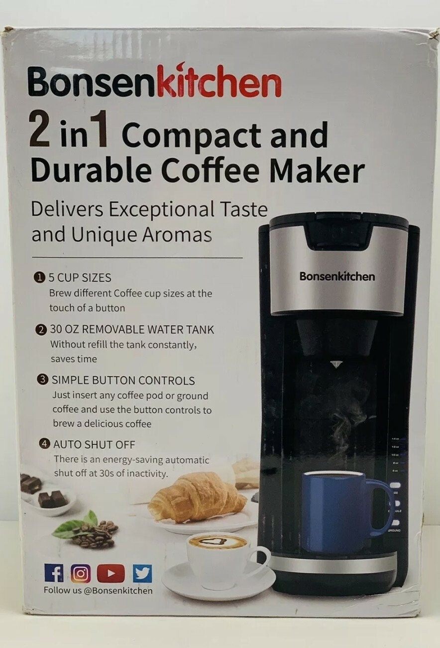 Bonsenkitchen CM8901 Single Serve 2 in 1 Compact Coffee Maker