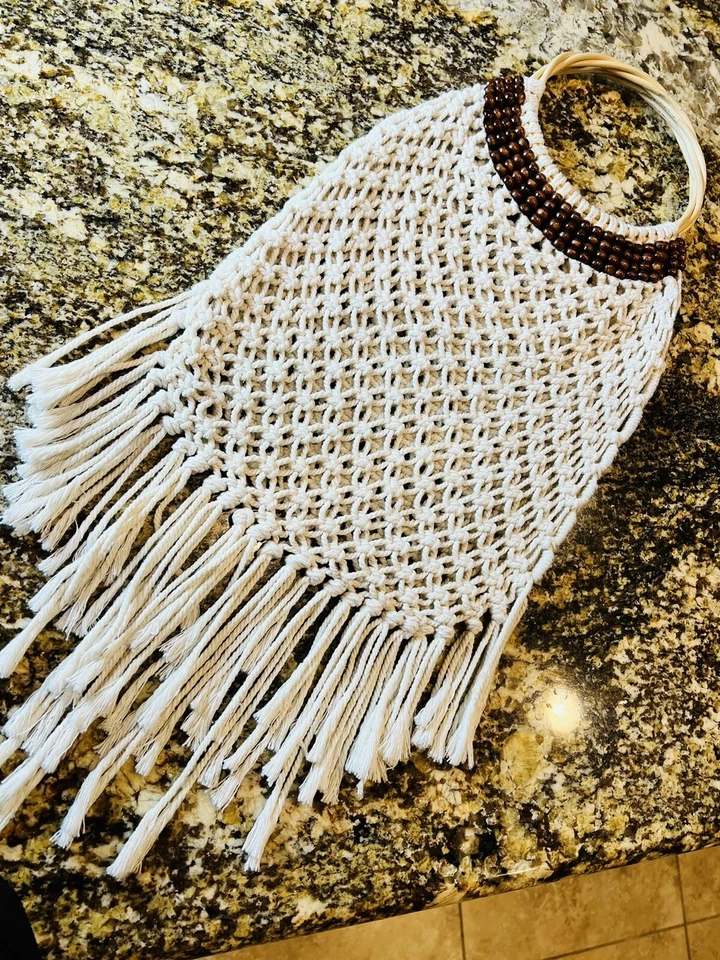 Cartera Macramé Crudo Manijas de Madera Cuentas de Madera Marrón Flecos!!! Foto 4 de 4