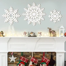 Wooden Large Snowflake Ornaments Sign Christmas Decorations 3Pack, Wood Hollo...