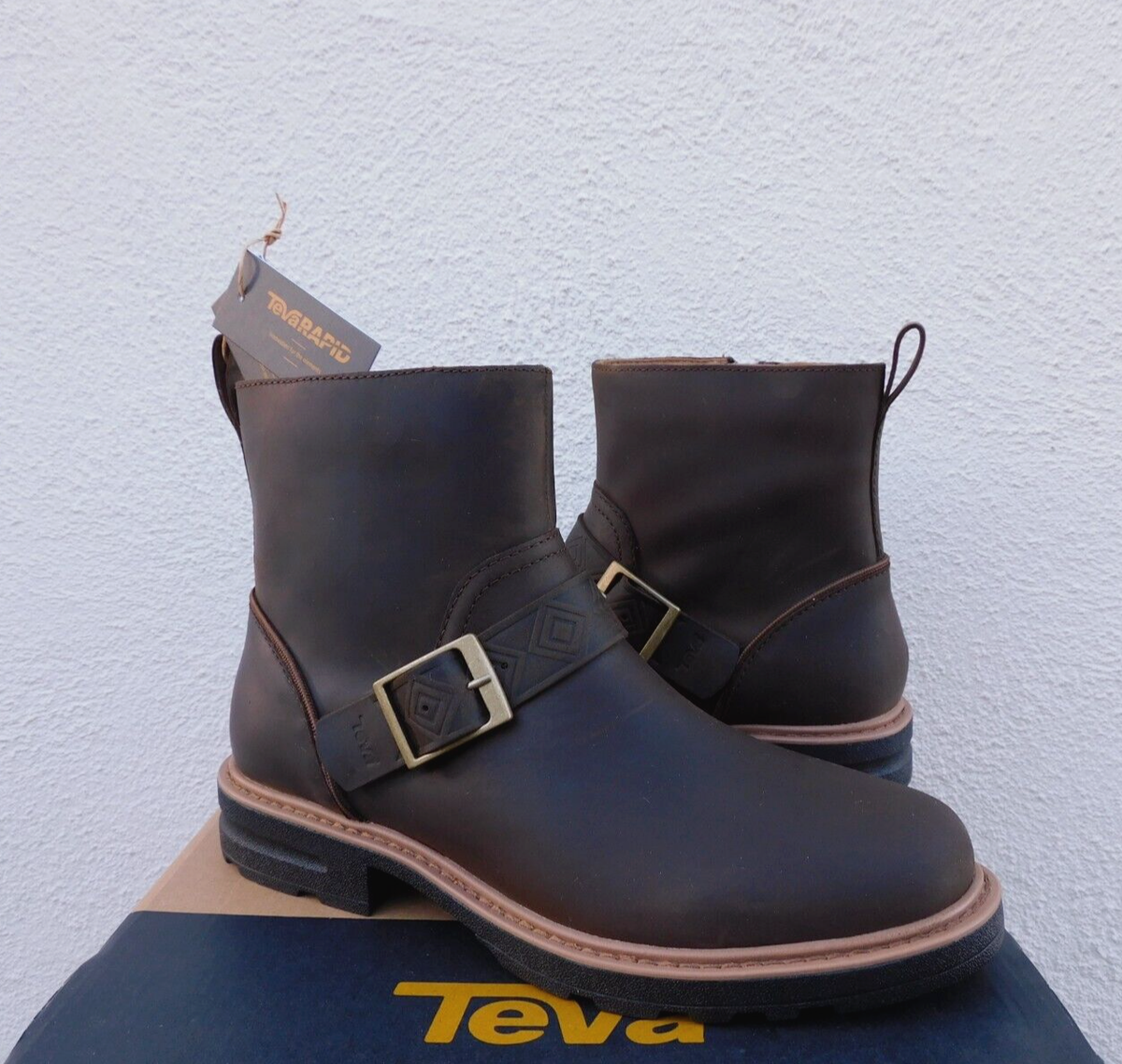 TEVA BROWN ROWENA BUCKLE WATERPROOF LEATHER MAXCOMF BOOTS, US 7/ EUR 38 ~NIB