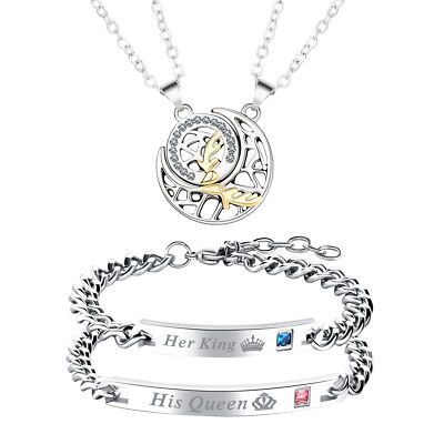 4PCS Sun Moon Star Couple Necklace His Queen Her King Bracelet Jewelry Set