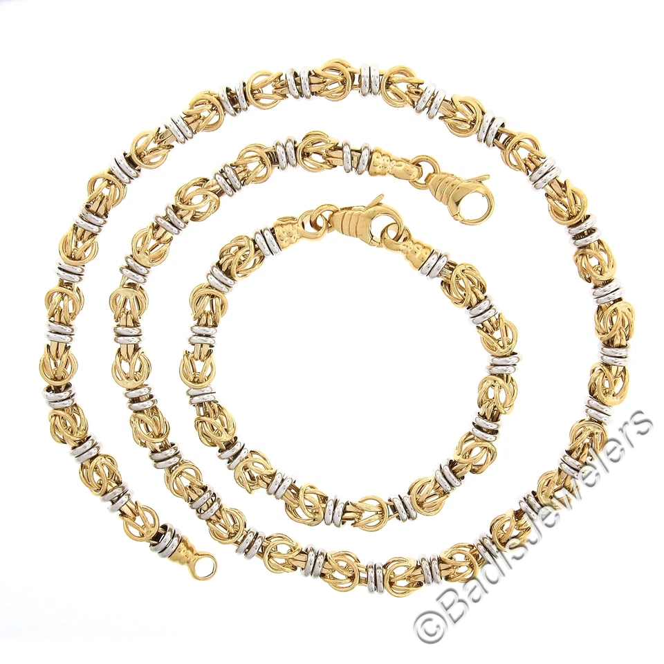 14k Two Tone Gold Polished Barrel Interlocking Open Link Bracelet Necklace Set - Image 3 of 4