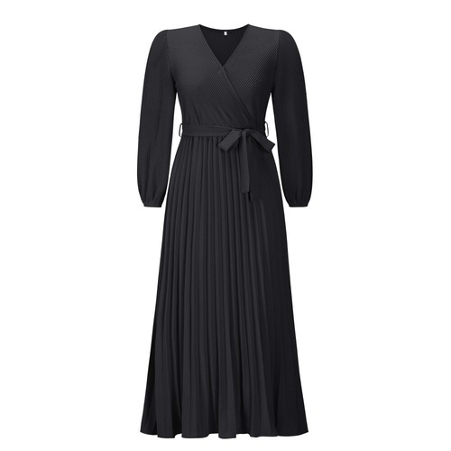 Women Casual Long Sleeve V-Neck Pleated A-Line Long Maxi Dress - Picture 20 of 24