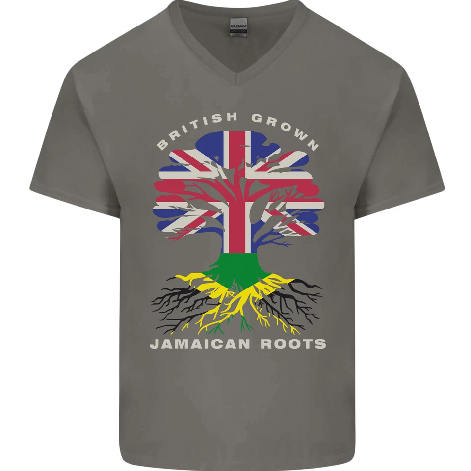 Británico Grown Jamaicano Raíces Bandera Hombre Cuello En V Algodón Camiseta - Imagen 2 de 4