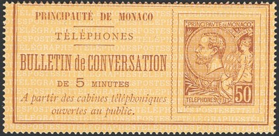 Monaco 1886 Francobolli telefonici Alberto I 50 c., n° 1. Certificato: CiBaFil S