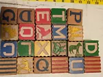 Vtg WOOD ALPHABET BLOCKS 22 Pieces 2 sides are pictures Ridges For Stacking 2 in