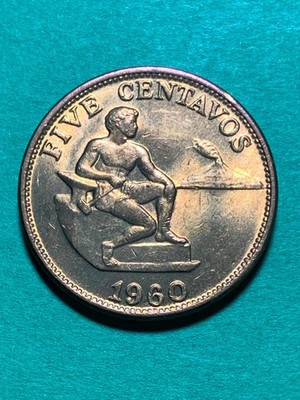 PHILIPPINES 1960 5 CENTAVO ENGLISH SERIES COIN, BRILLIANT UNC FRESH FROM ROLL