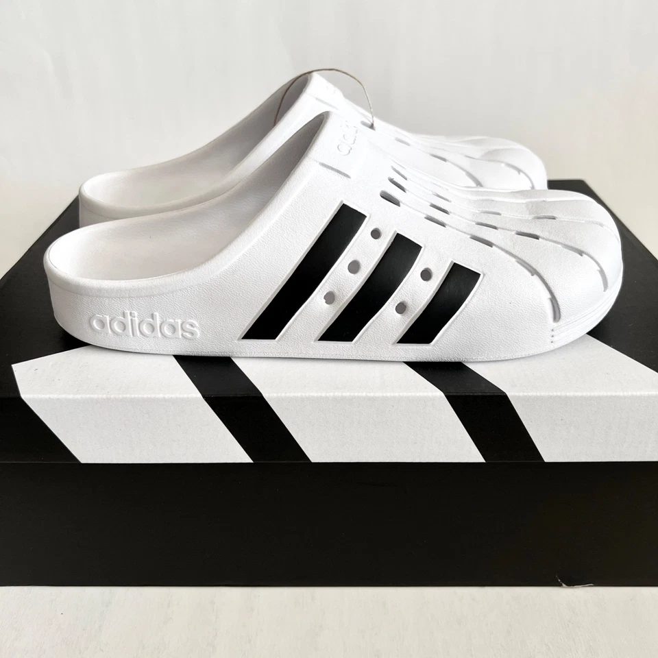 NUEVO EN CAJA DS ADIDAS Para hombres Blanco Negro Adilette Zuecos 10 Piscina Zapatillas Sandalias Toboganes Foto 3 de 4