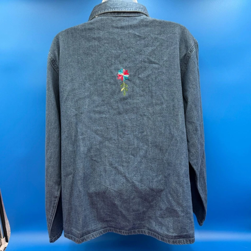 Bobbie Brooks 牛仔夹克刺绣花朵长袖纽扣女式 L — 第 4/4 张图片