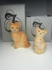 Fenton Opal Satin Yellow Tabby Sitting Cat & Kitten, With Box MINT