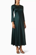 DÔEN Melinda Embroidered Silk-Satin Midi Dress - Green Luxury Bohemian XL  NWT