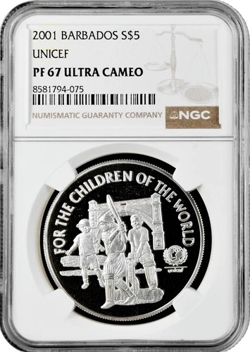 Barbados 5 dollars 2001, NGC PF67 UC, "UNICEF - For the Children of the World"