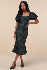 NEW Lulus Majorly Fabulous Black and Emerald Trumpet Midi Dresssize XS Formal