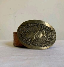 Vtg Award Design Medals Bull Rider Belt Buckle Tooled Leather Western Belt K2