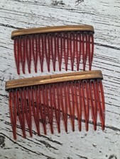 Pair Of Vintage Hair Side Combs With Gold Toned Metal Links Accent