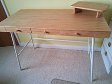 Light Wood Computer Desk, 3 Drawers, White Metal Legs, Brown/White 74cm