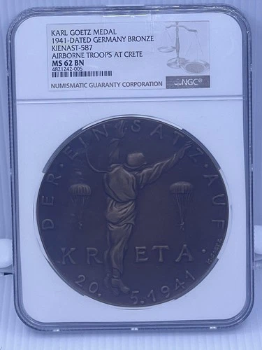 1941 Karl Goetz “Airborne Troops At Crete” Kienast -587 NGC 62 BN Medal