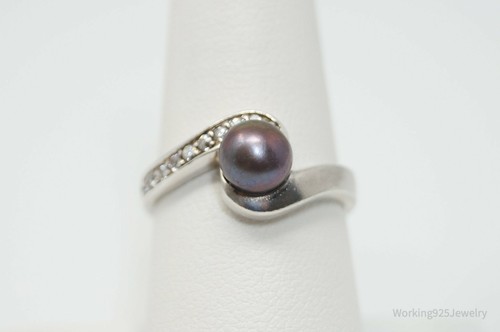 Vintage Designer Chapal-Zenray Tahitian Pearl CZ Sterling Silver Ring - Sz 7.75 - Picture 3 of 10