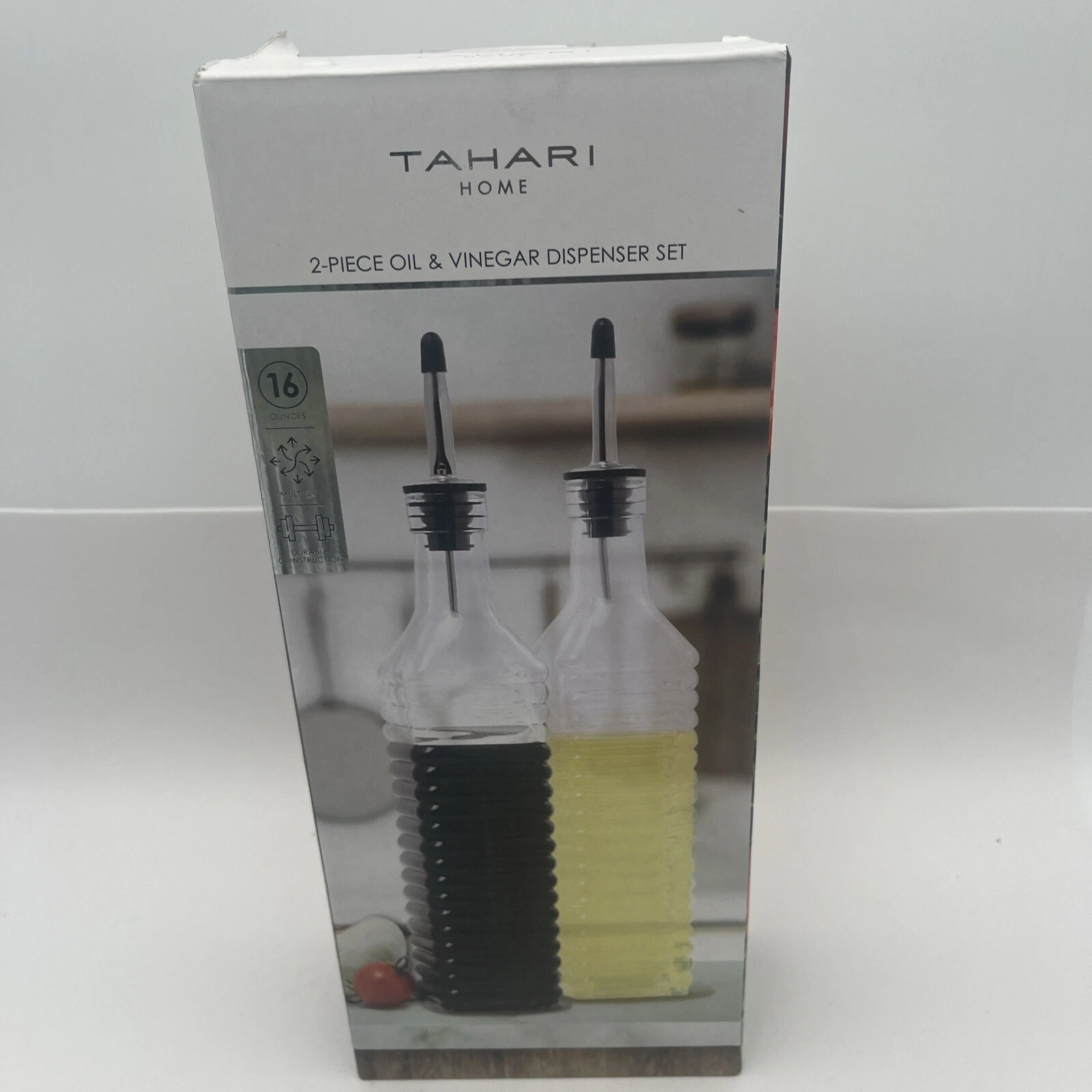 TAHARI HOME (2) Piece Oil & Vinegar Dispenser Set, 16oz. Dispenser Bottles New