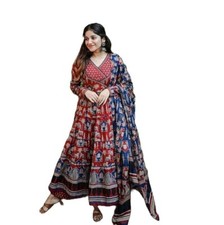 Women's  Girls Handblock Print Cotton Ankle Length Round Neck Anarkali Set