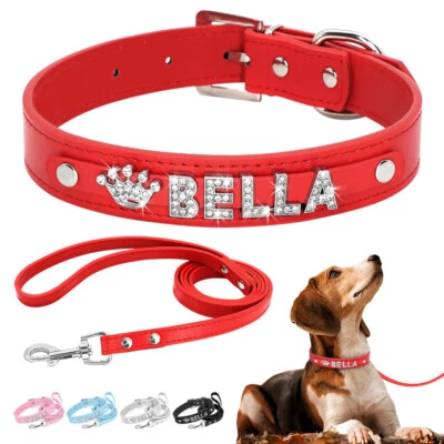 Personalised Dog Collar Pet Name with Lead Set Crystal Bling Charms Puppy Tag