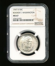 1947-D Booker T. Washington Silver Half Dollar Commemorative 50C NGC MS 67 RARE
