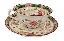 ROYAL CHELSEA ENGLAND TENNYSON PINK GREEN FLORAL PORCELAIN CUP AND SAUCER SET