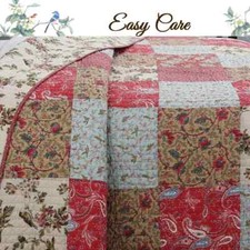 NEW COZY PATCHWORK RED BLUE PINK GREEN BROWN LEAF ROSE COUNTRY SOFT QUILT SET