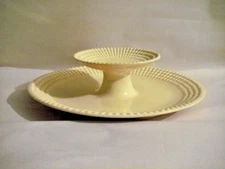 MARUHON WARE DOUBLE SERVING CENTER PIECE CREAM HOBNAIL "CIRCLE K" JAPAN 63207