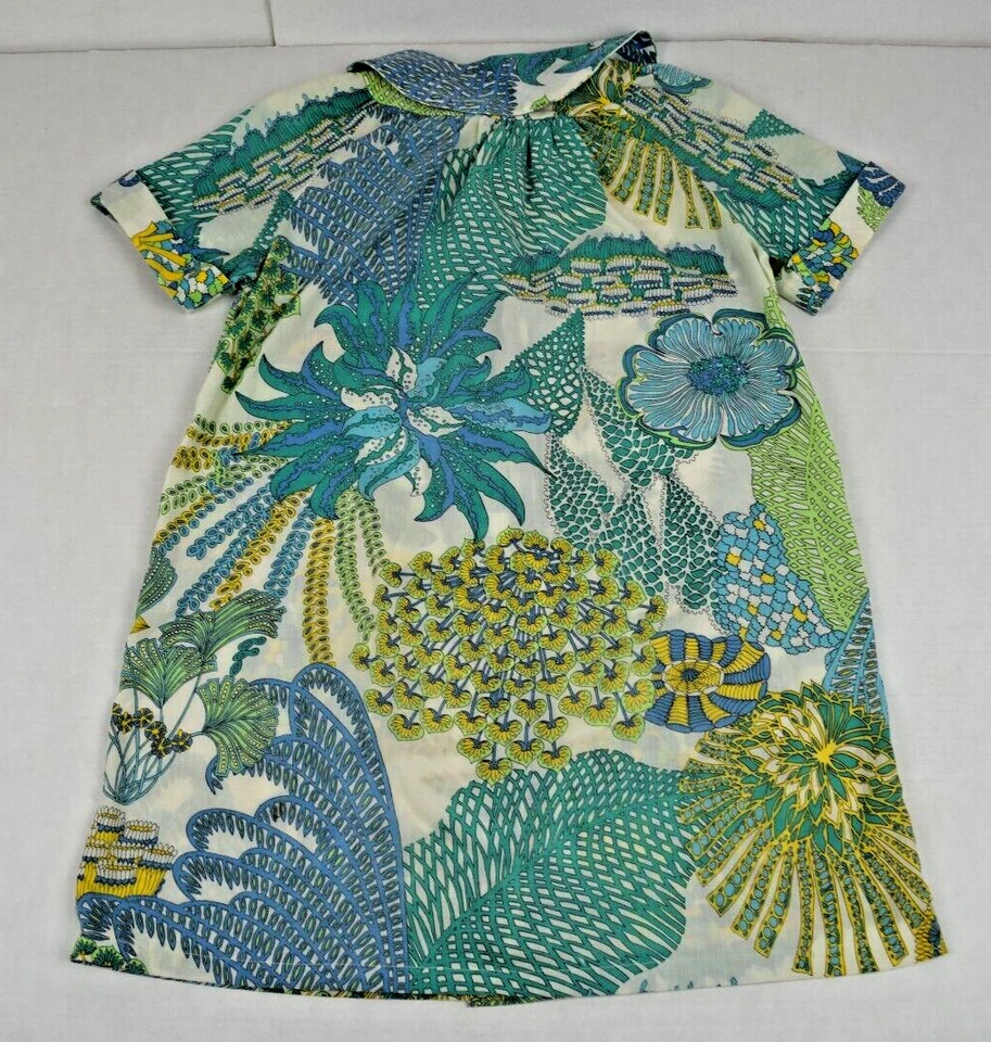 Винтажная ночная рубашка размер S/M 60-е зеленые желтые синие завитки калейдоскоп передние защелки - Изображение 2 из 4