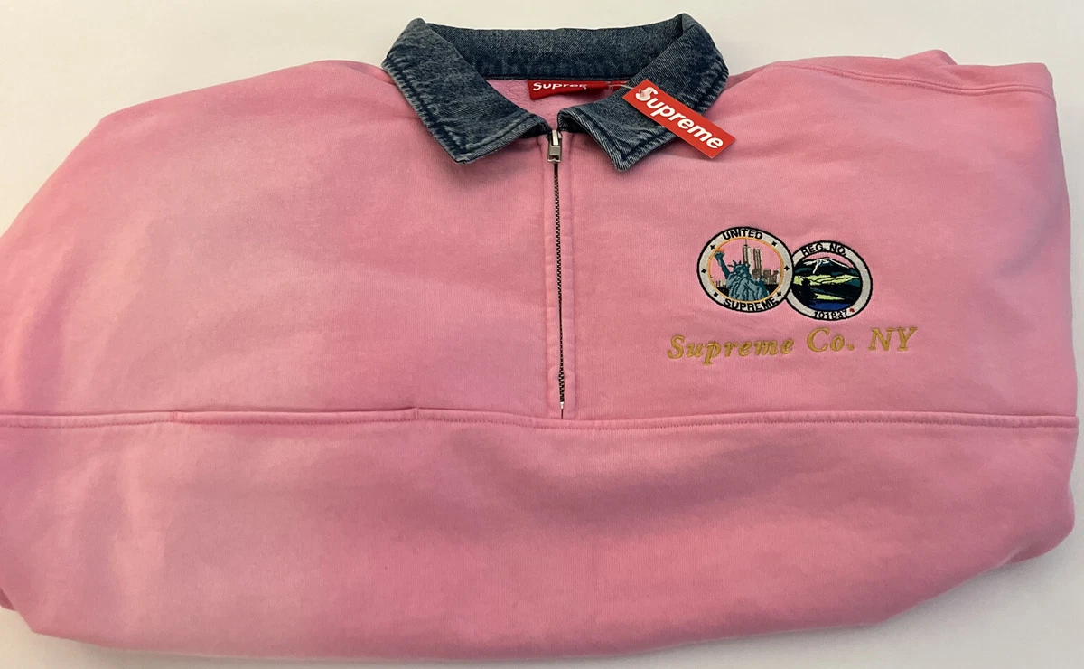 SUPREME DENIM COLLAR HALF ZIP SWEATSHIRT PINK SIZE LARGE AUTHENTIC