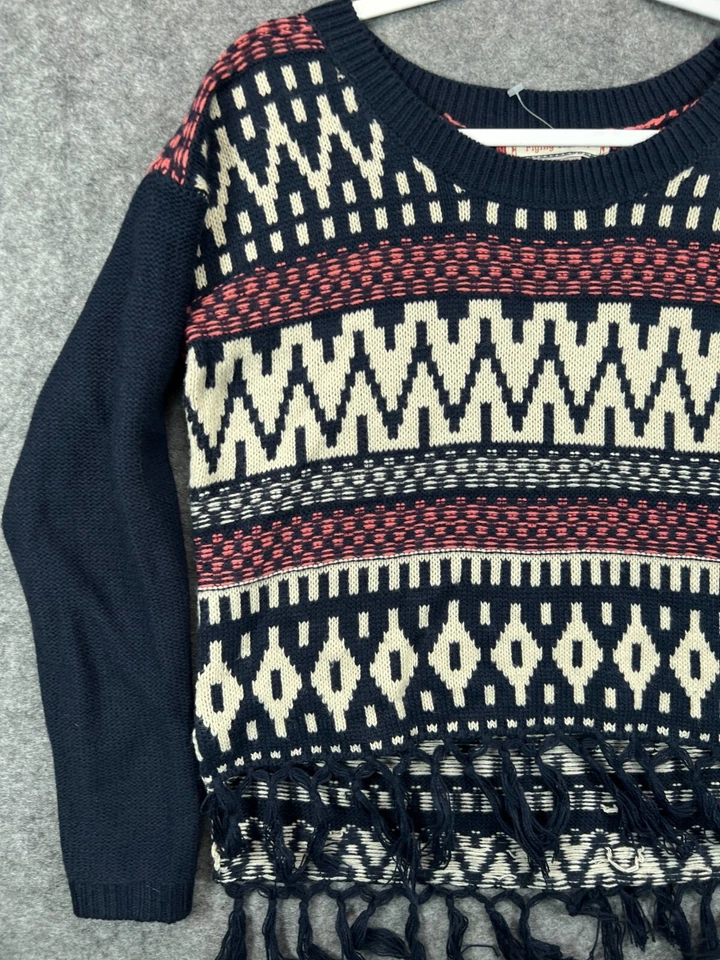 Suéter Flying Tomato Feminino Pequeno Azul Ilha Justa Franja Top Camisa Manga Longa - Imagem 3 de 4