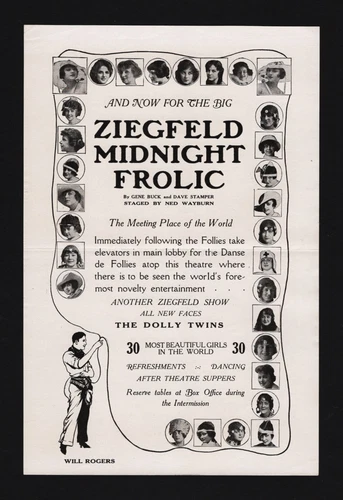 Dolly Sisters "ZIEGFELD MIDNIGHT FROLIC" Will Rogers / Ned Wayburn 1916 Flyer