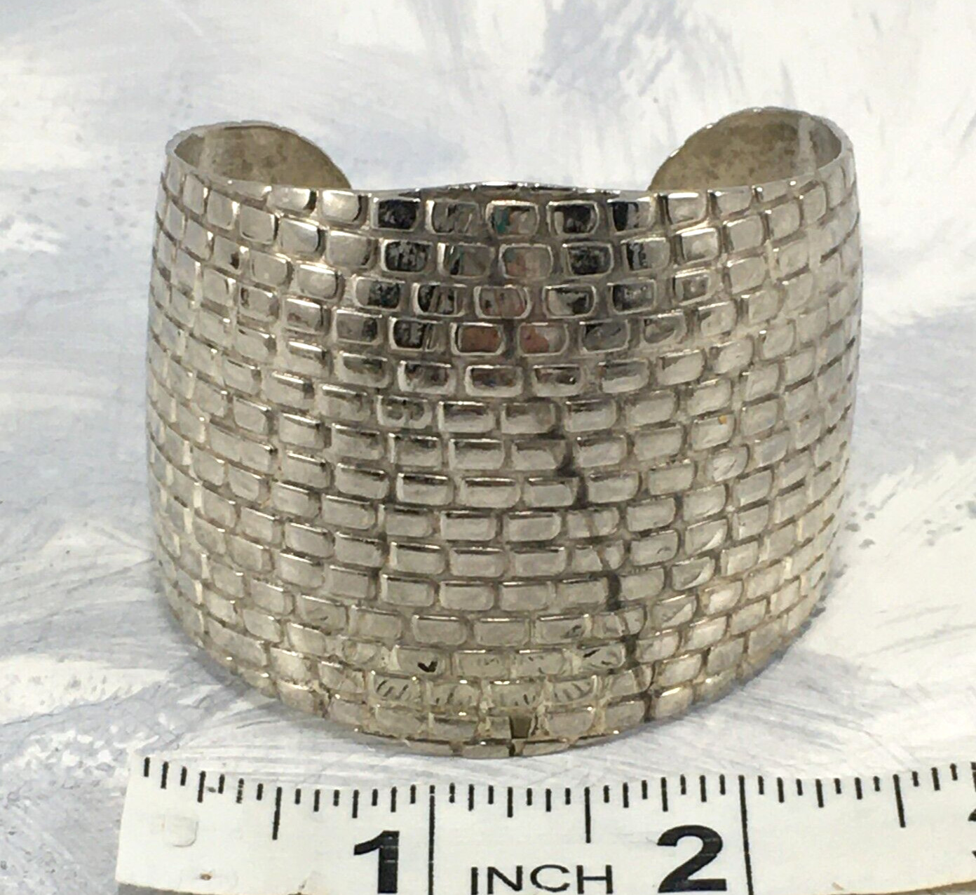 Bracelet Wide Textured Silver Tone Rectangular Pa… - image 6