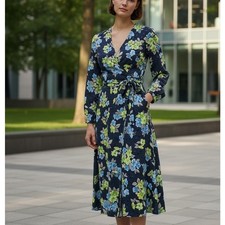 Essentiel Antwerp Blue Silk Wrap Dress SIZE 4 Floral Career Work Designer $550