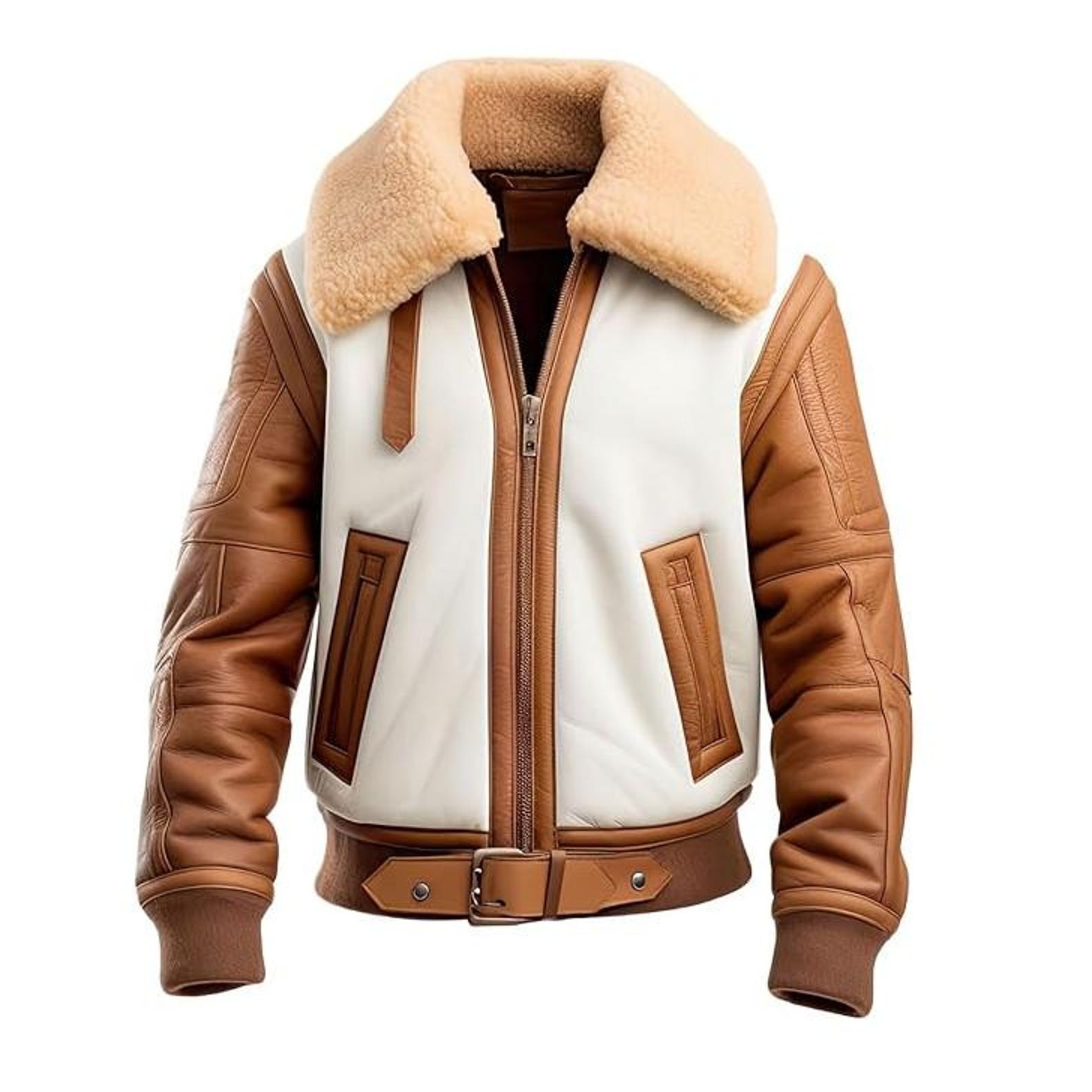 Men's White/Brown Shearling Aviator Bomber Jacket Handmade Leather with Faux Fur