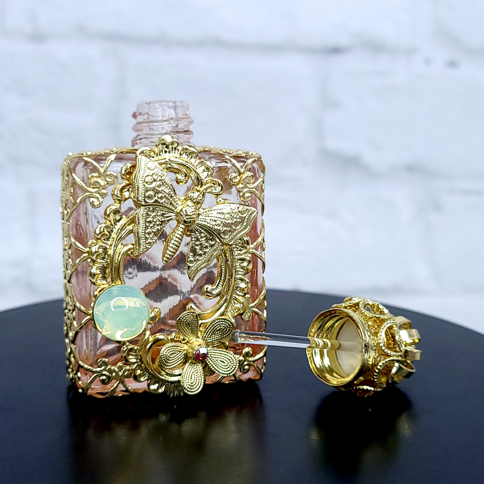 Perfume Bottle with Uranium Cabochon Czech Pink Glass Vial A