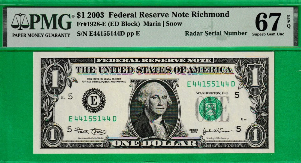 $1  Federal Reserve note RADAR Serial Numbers 44-1551-44 PMG 67 - Image 2 of 3