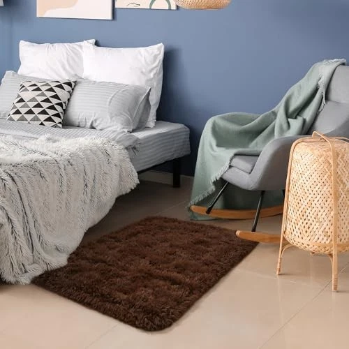 Alfombras pequeñas para dormitorio alfombra marrón de 2x3 pies para cabecera de dormitorio suave mullida Foto 2 de 4